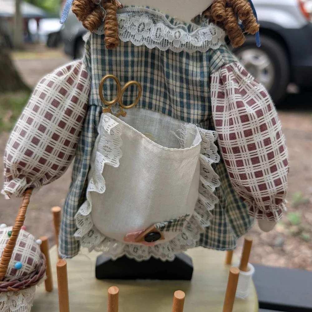 Vintage Sewing Caddy Thread Spool Holder Spinning Doll Pincushion 12in Blue Wood
